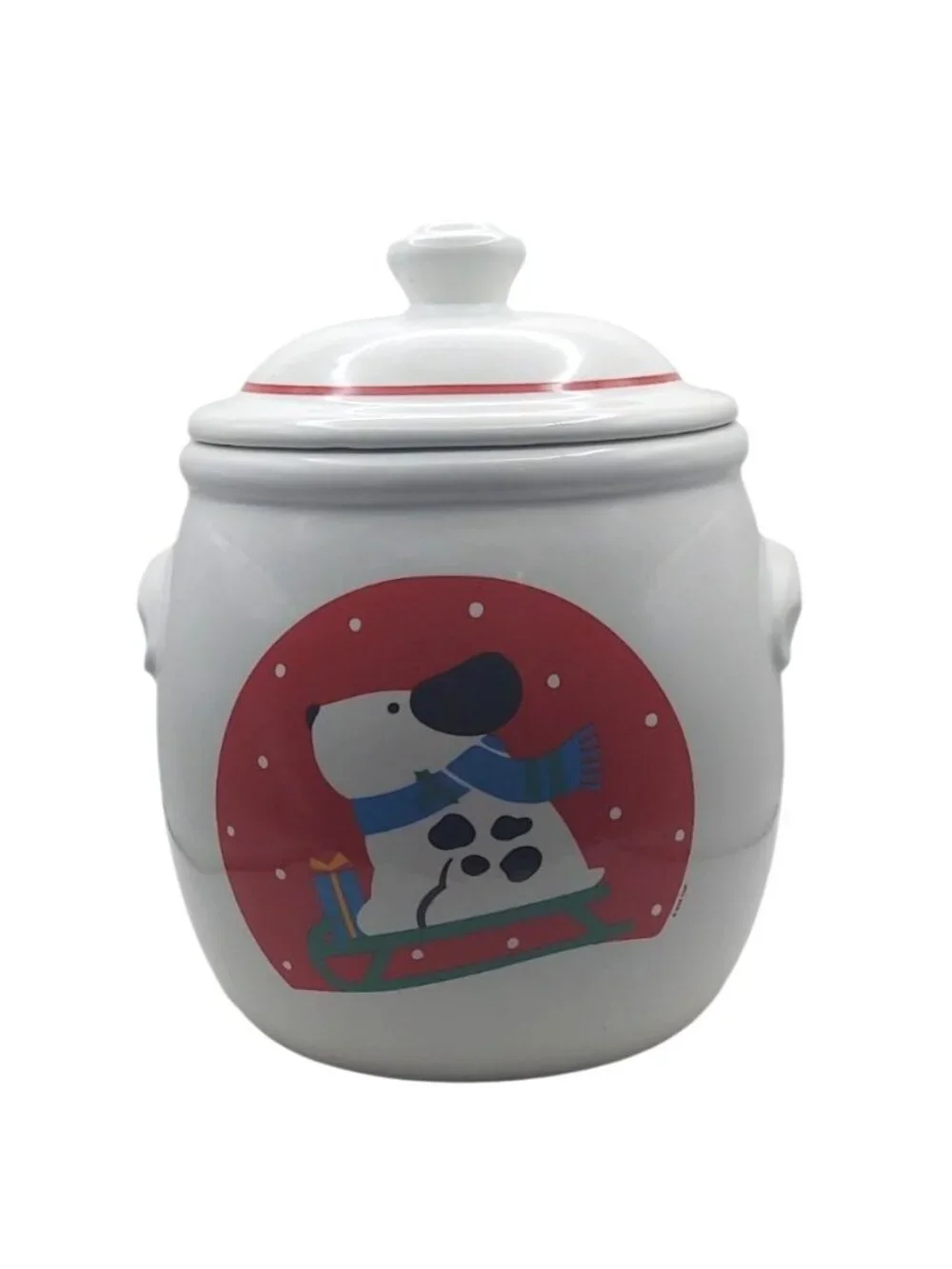 Sledding Dog Ceramic Cookie Jar Biscuit Container Christmas Winter Holiday